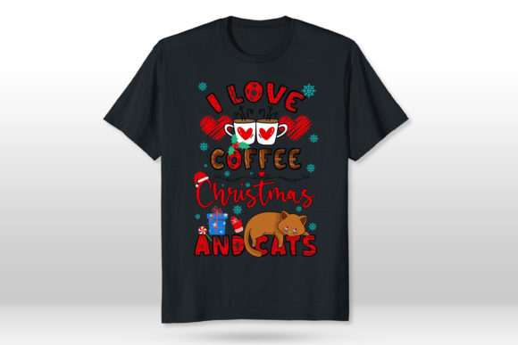 I Love Coffee Christmas Cat Love T-Shirt Graphics